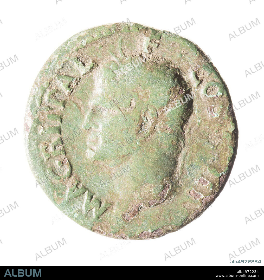 Obverse: Agrippa, left, with crown with ship's ram. Worn, remains of inscription: M AGRIPPA L F COS III. Reverse: Neptunes, standing, left, naked, with cloak over arms. Dolphin in right hand and trident in left. Left and right SC., Coin, axis of Caligula in honor of Agrippa, metal, bronze, diam: 2,8 cm, wt. 9.44 grams, 37-41 AD, unknown.