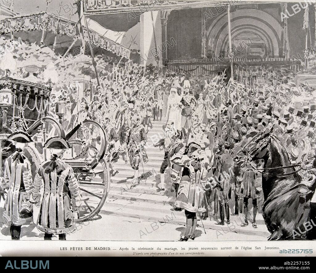 ALFONSO XIII. REY DE ESPAÑA. MADRID. 1886 / 1941. BODA CON VICTORIA EUGENIA DE BATTEMBERG. SALIDA DE LOS JERONIMOS. AÑO 1906. GRABADO DE L 'ILUSTRATION.