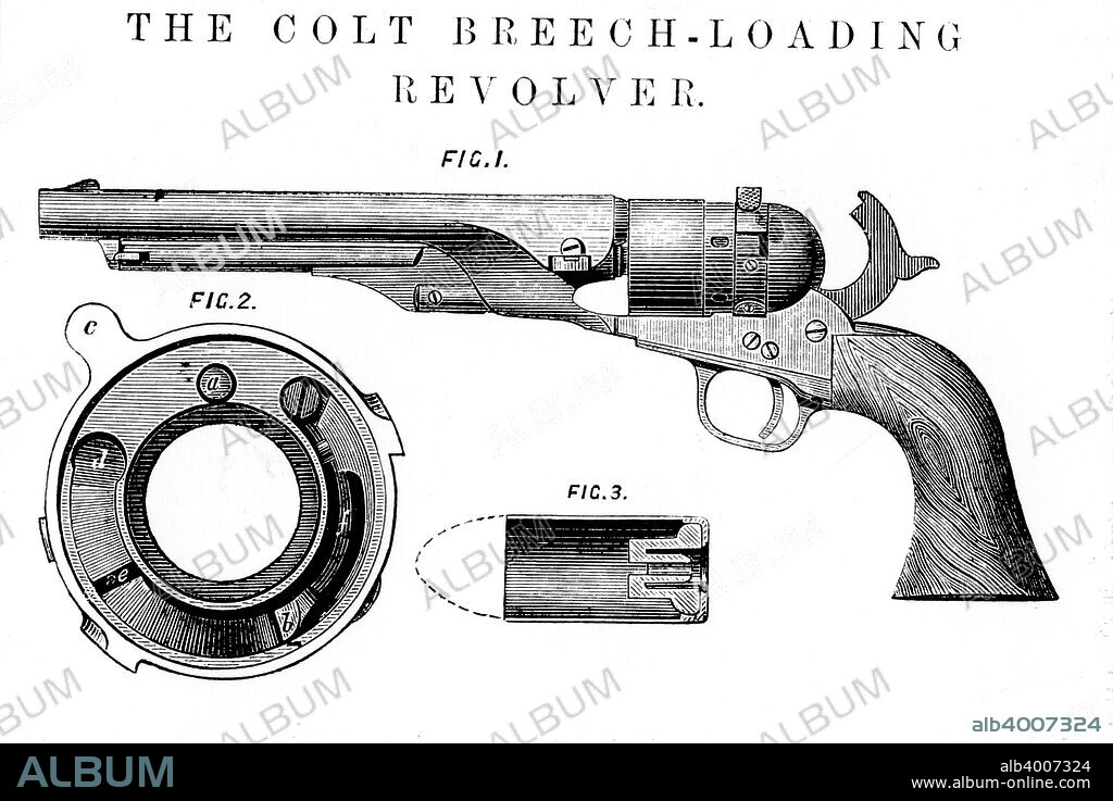 Colt Frontier revolver, invented by Samuel Colt (1814-62), c1850. Fig. 2: the breech disc. Fig. 3: the cartridge in section. From The Mechanics' Magazine.  Also known as the Colt Peacemaker.  After Mexican War of 1846-48, was adopted by the US Army.