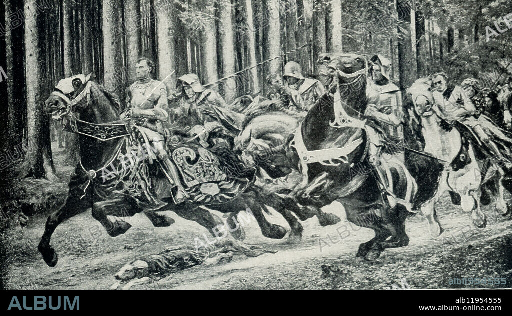 This images the flight of Charles the Bold after the Battle of Morat by E Burnand. The Battle of Morat (or Battle of Murten) was a battle in the Burgundian Wars (1474-77) that was fought on 22 June 1476 between Charles the Bold, the Duke of Burgundy, and a Swiss Confederate army at Morat/Murten, about 18 miles from Bern. The result was a crushing defeat for the Burgundians at the hands of the Swiss. Eugène Burnand (30 August 1850 - 4 February 1921) was a prolific Swiss painter and illustrator from Moudon, Switzerland. Born of prosperous parents who taught him to appreciate art and the countryside, he first trained as an architect but quickly realised his vocation was painting.