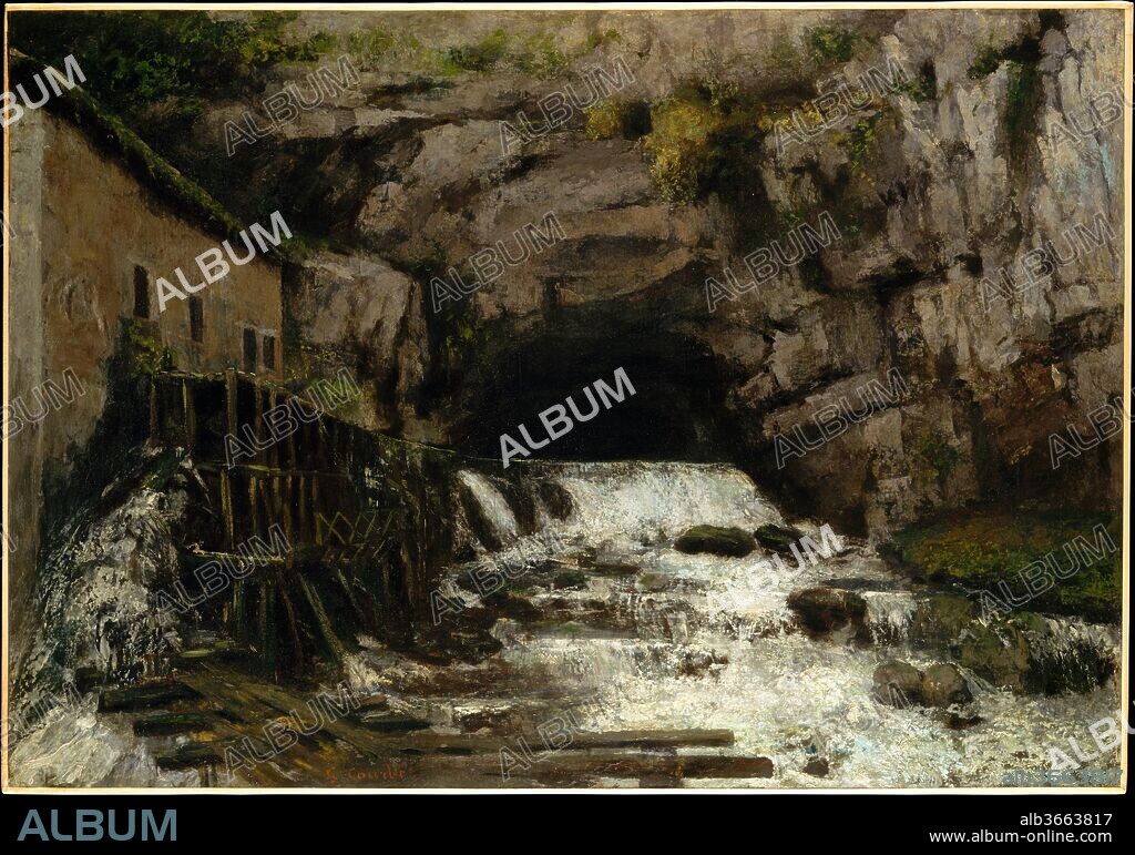 The Source of the Loue. Artist: Gustave Courbet (French, Ornans 1819-1877 La Tour-de-Peilz). Dimensions: 39 1/4 x 56 in. (99.7 x 142.2 cm). Date: 1864.
Courbet often painted the rocky grotto at the source of the Loue, the river that flows through his native village, Ornans, in the Franche-Comté region of eastern France. This view is probably one of four he mentioned to the dealer Luquet in the spring of 1864, when he wrote: "I've been to the source of the Loue these last days and made four landscapes about 1 meter 40.".