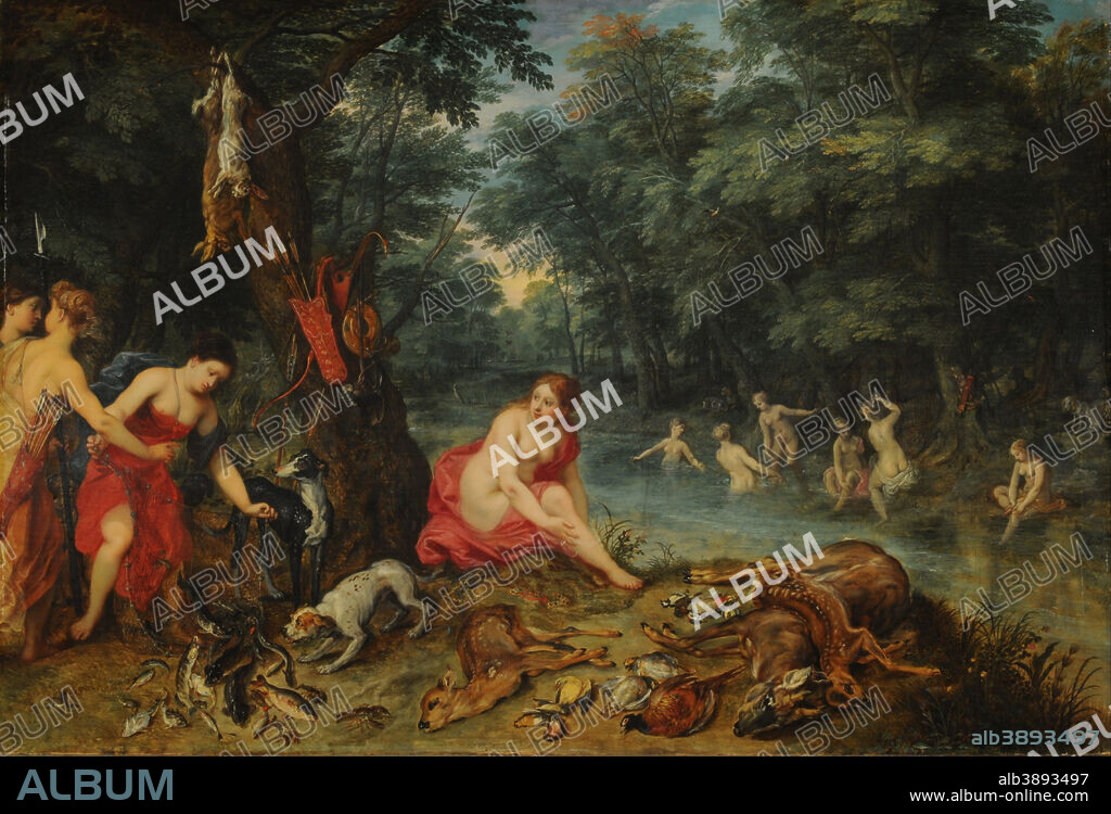 JAN BRUEGHEL EL VIEJO. Baño de Ninfas (Las ninfas de Diana regresando de la pesca). Date/Period: 1585 - 1625. Painting. Oil on panel. Height: 580 mm (22.83 in); Width: 850 mm (33.46 in).