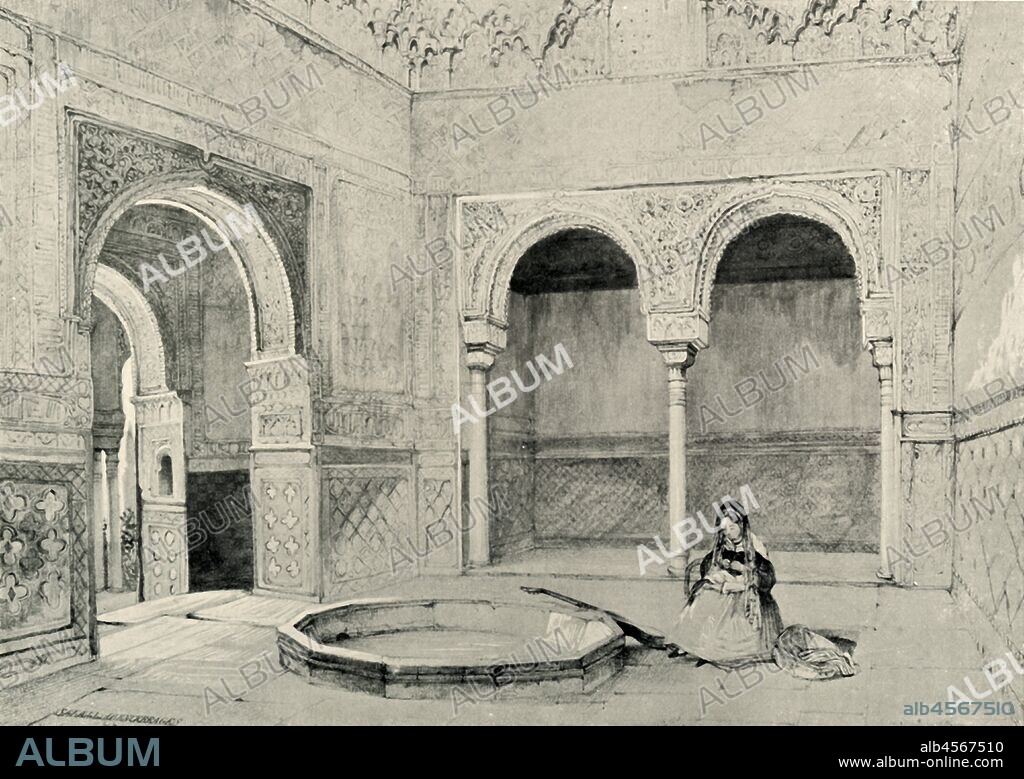 'Hall of the Abencerrages', 19th century, (1907). Interior decoration in the Hall of the Abencerrajes, palace of the Alhambra, Granada, Spain, which mainly dates from the 14th century. From "The Alhambra: being a brief record of the Arabian conquest of the Peninsula with a particular account of the Mohammedan architecture and decoration" by Albert F. Calvert. [John Lane, London & New York, 1907].