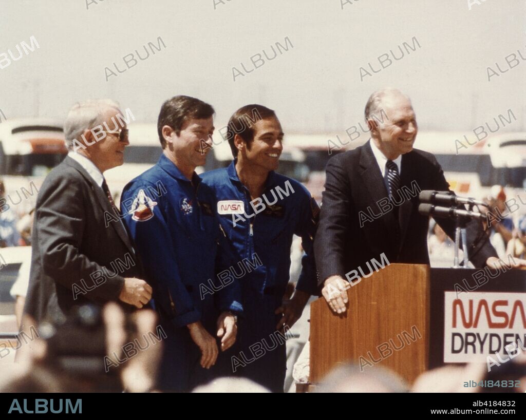 Astronauts John Young and Robert Crippen after landing, Edwards Air Force Base, California, USA, April 1981. US astronauts Young and Crippen were the two-man crew aboard the first orbiter, 'Columbia', STS-1 (Space Transportation System-1). It was the first orbital spaceflight of NASA's Space Shuttle programme. It launched on 12 April 1981 and returned on 14 April, 54.5 hours later, having orbited the Earth 36 times.