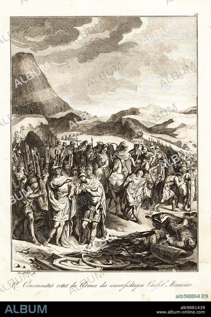 The imprudence of Consul Minucius at the Battle of Mount Algidus 458 BC. Roman dictator Lucius Quinctius Cincinnatus, c.519-430 BC, arrives to defeat the Aequi. Imprudence du consul Minucius, reparee par Cincinnatus. Copperplate engraving by Joseph Stöber after a design by Gabriel de St. Aubin from Professor Joseph Rudolf Zappes Gemalde aus der romischen Geschichte, Pictures of Roman History, Joseph Schalbacher, Vienna, 1800. German edition of Abbe Claude Francois Xavier Millots Abrege de lHistoire Romaine.