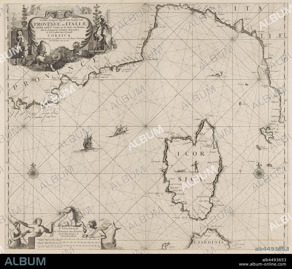 Map of part of the Mediterranean coast of France and the north coast of Italy New pass of the sea coasts of Provence and Italy between Cabo de Toulon, and the Corner of Piombino With the byleggende eylanden misgaaders the sea coasts of t 'eylandt Corsica (title on object), Map of part of the Mediterranean coast of France and the north coast of Italy, with the island of Corscia, with two compass roses, the North is above. Top left the title, decorated with two lions and two horsemen. Bottom left a sea god and two mermaids at the publisher's address and the scale, shown in German, Spanish and English or French miles (scale: c. 1: 900 000), beasts of prey, predatory animals: lion, merman - AA - mermaid, siren, horse, riding a horse, ass, or mule, rider, horseman, head-gear: turban, Jan Luyken (rejected attribution), Amsterdam, 1682 - 1803, paper, etching, h 513 mm × w 587 mm.