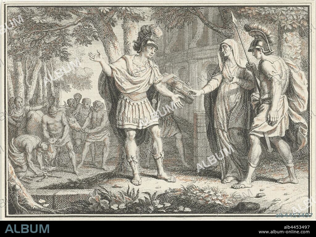 Aeneas and the Sibyl of Cumae, Aeneas visits, accompanied by his friend Achates, the Sibyl of Cumae to ask her once more the face of to see his father. In the background, seven bulls and sheep are sacrificed on behalf of the Sibille so that she can start her predictions., The arrival at Cumae and the visit to the underworld (Virgil, Aeneid VI), Jacob Folkema, 1703 - 1767, paper, etching, h 99 mm × w 140 mm.
