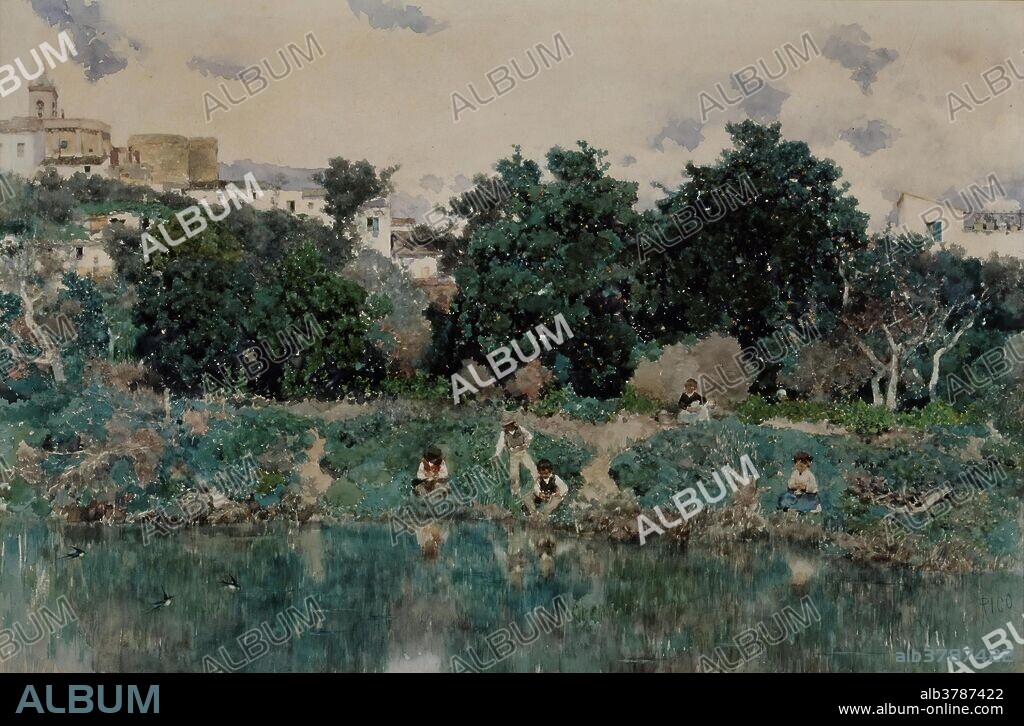 MARTÍN RICO Y ORTEGA. Martín Rico y Ortega / 'A orillas del Guadaira'. 1871. Acuarela sobre papel, 300 x 460 mm.