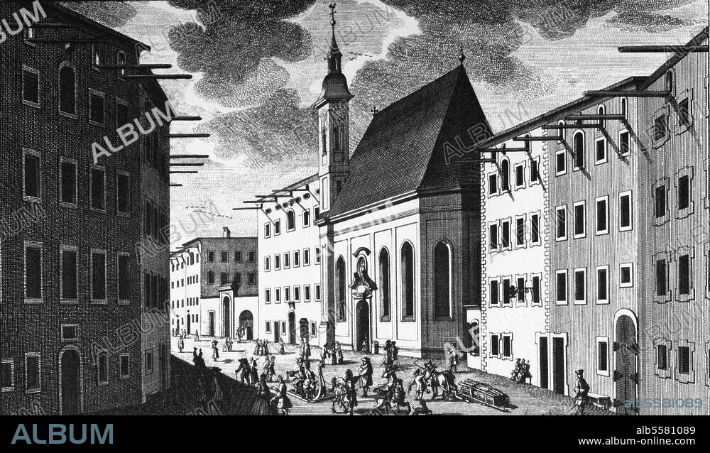 Salzburg (Austria), St. Sebastian Church. (built 1505-12; barock modelling 1749-53 by Kassian Singer). View of Linzer Gasse with the St. Sebastian Church. Copper eng., c. 1750, by Franz Anton Danreiter (died 1760).