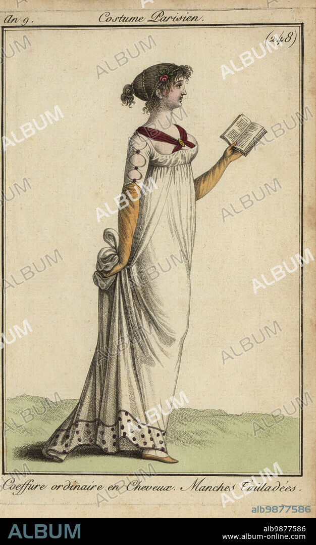 Fashionable woman reading a book, 1800. Her hairstyle is decorated with braids and a rose. Her dress was tailored sleeves and crossed kerchief over the bust. 2 October 1800. Coiffure ordinaire en cheveux. Manches Tailladees. Handcoloured copperplate engraving from Pierre de la Mesangeres Journal des Modes et Dames, Paris, 1800. The illustrations in volume 4 were by Carle Vernet, Bosio, Dutailly and Philibert Louis Debucourt.