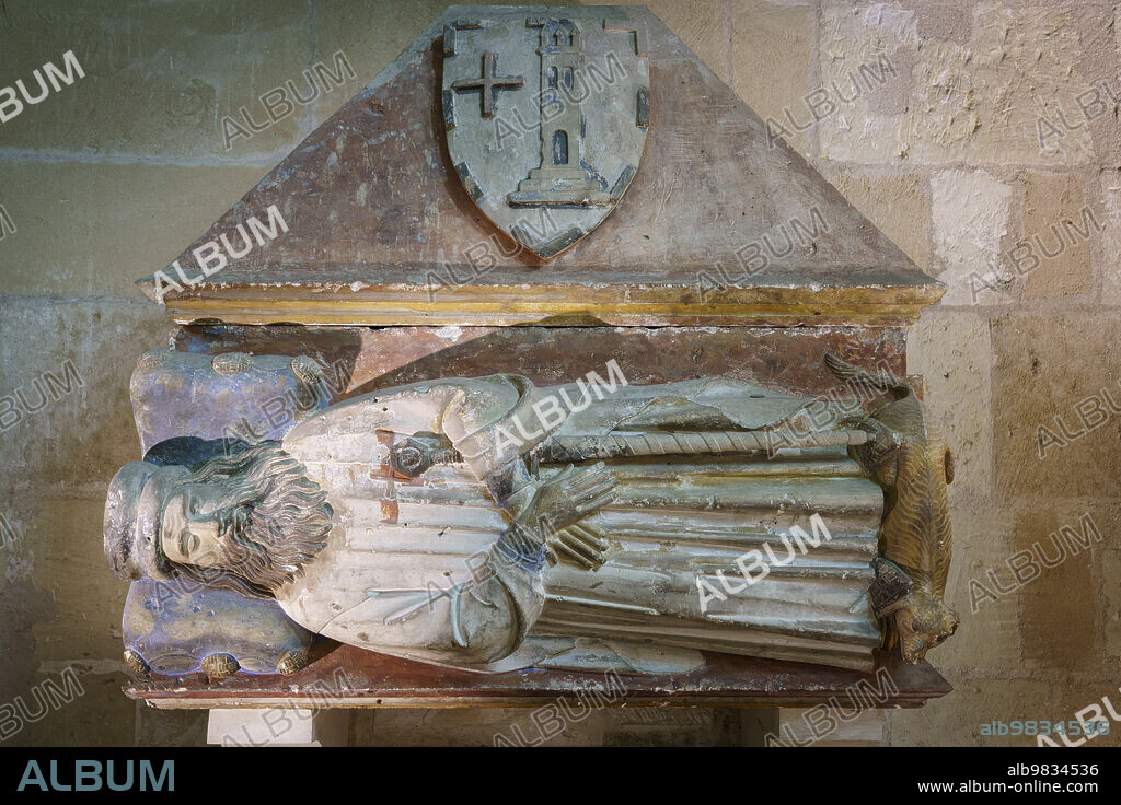 Gothic tomb of Guillem de Torrella, with the habit of a Knight Templar, Monastery Church of Santa Margarita, center of history and military culture of the balearics, Palma, Majorca, Balearic Islands, Spain.