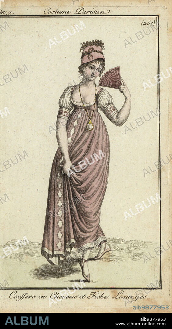 Fashionable merveilleuse with fan, 1800. Hairdress of kerchief tied with braids of hair. Dress with low decollete and lozenge-shapes down the front. Coeffure en Cheveux et Fichu. Losanges. Handcoloured copperplate engraving from Pierre de la Mesangeres Journal des Modes et Dames, Paris, 1800. The illustrations in volume 4 were by Carle Vernet, Bosio, Dutailly and Philibert Louis Debucourt.