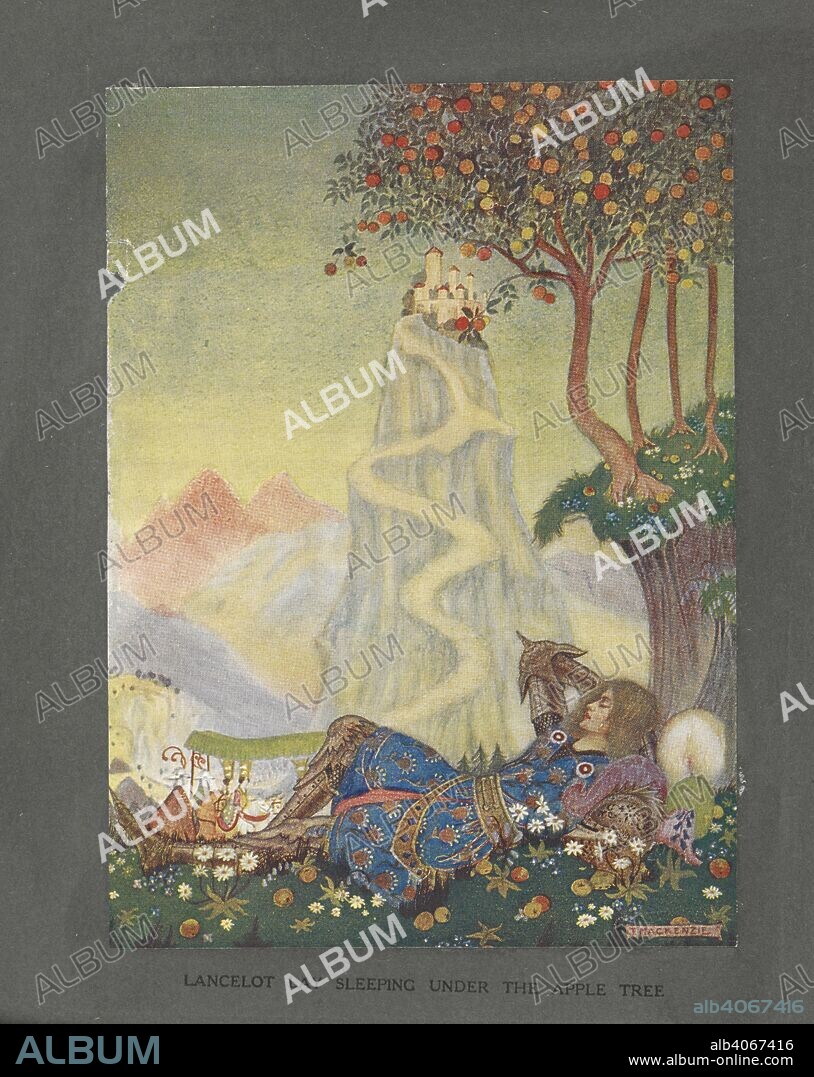 CHRISTINE CHAUNDLER and MACKENSIE. Lancelot lay sleeping under the apple tree. Sir Lancelot of the Lake. Arthur and his Knights ... Illustrated by Mackenzie. London : Nisbet & Co., [1920]. Source: 12403.bb.6 opposite page 70.