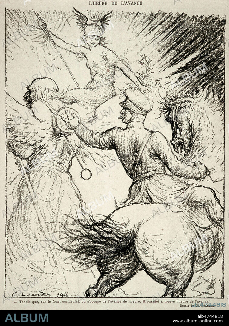 A propos de l'offensive russe sous le general Broussilov contre les autrichiens: 'L'heure de l'avance. - Tandis que, sur le front occidental, on s'occupe de l'avance de l'heure, Broussilof a trouve l'heure de l'avance.' Illustration de Charles LEANDRE (1862-1934) dans Le Rire Rouge du 01/07/1916. Credit: Collection KHARBINE-TAPABOR.