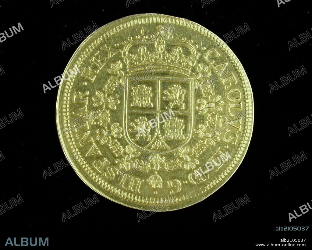 NUMISMATICA. MONEDA MODERNA. UNA ONZA O UN DURO DE ORO, DE CARLOS II. ANVERSO. ESCUDO DE LAS ARMAS DE CASTILLA, LEON Y GRANADA EN UN ESCUDO CORONADO Y ORLADO CON EL COLLAR DEL TOISON. (DEPOSITO: MUSEO ARQUEOLOGICO NACIONAL).