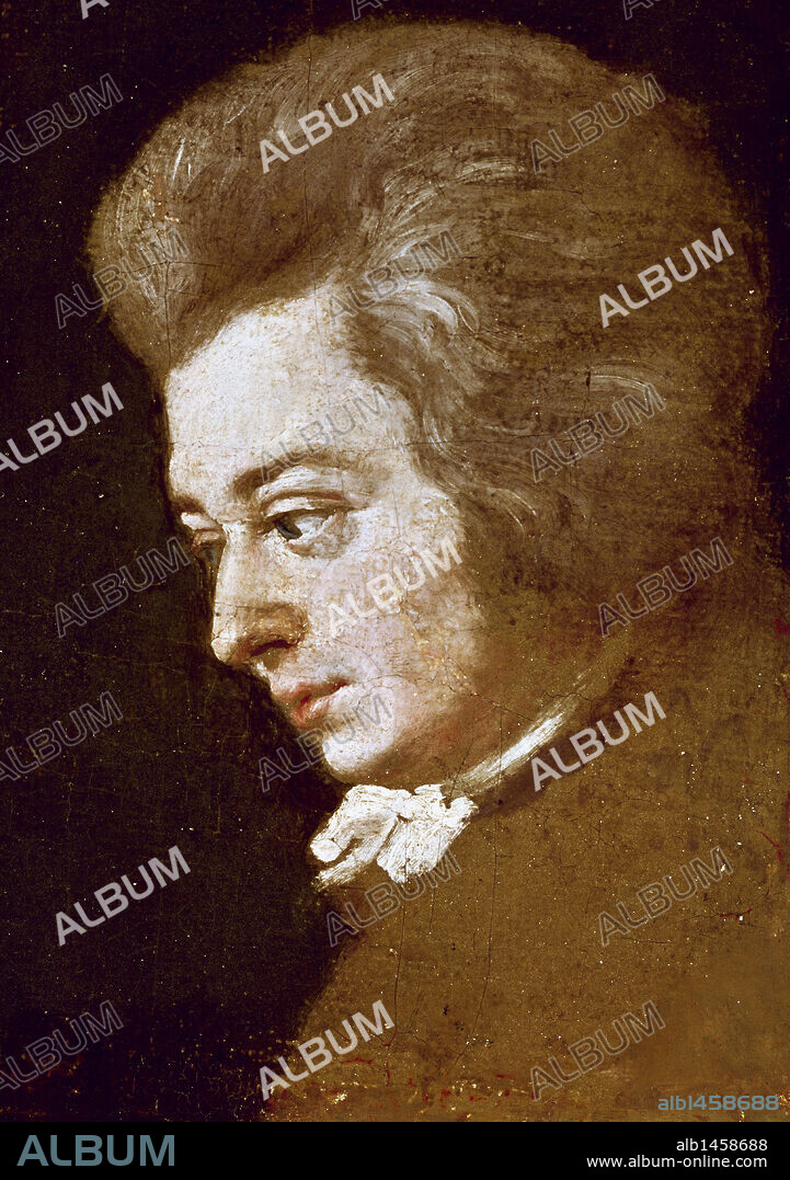 Wolfgang Amadeus Mozart (1756-1791). Composer of the Classica era. Incompletely enlarged portrait of Mozart by his brother-in-law Joseph Lange, 1789-1790.