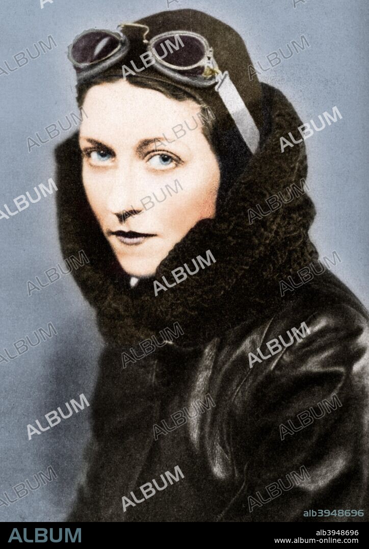 Amy Johnson, British aviator, c1920s-c1930s (1936). Johnson created a new record for a solo flight from London to Cape Town, completing the trip in 4 days, 6 hours and 54 minutes, beating her husband James Mollison's record by 10 hours, 28 minutes. In 1930 she became the first woman to fly solo from Britain to Australia in her DH60 Moth aeroplane 'Jason' and in 1933 she flew non-stop across the Atlantic in a De Havilland biplane with Mollison. Johnson joined the Air Transport Auxilary as a pilot in World War II, during which she was lost after baling out over the Thames estuary. From His Majesty the King, 1910-1935, introduction by HW Wilson (Associated Newspapers Ltd, London, 1936). (Colorised black and white print).