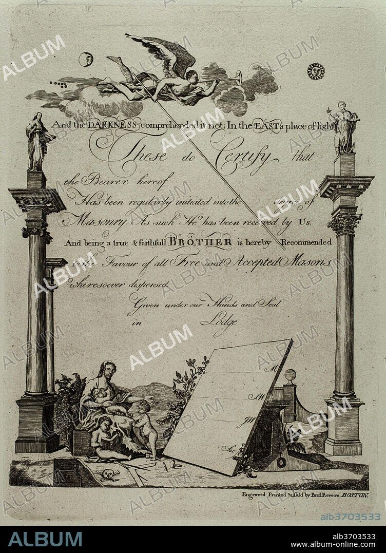PAUL REVERE. Masonic Certificate. Dated: 1773. Dimensions: plate: 34.8 x 25.5 cm (13 11/16 x 10 1/16 in.)  sheet: 55.9 x 39 cm (22 x 15 3/8 in.). Medium: engraving printed by Herbert Pasternack in 1954 on wove paper.