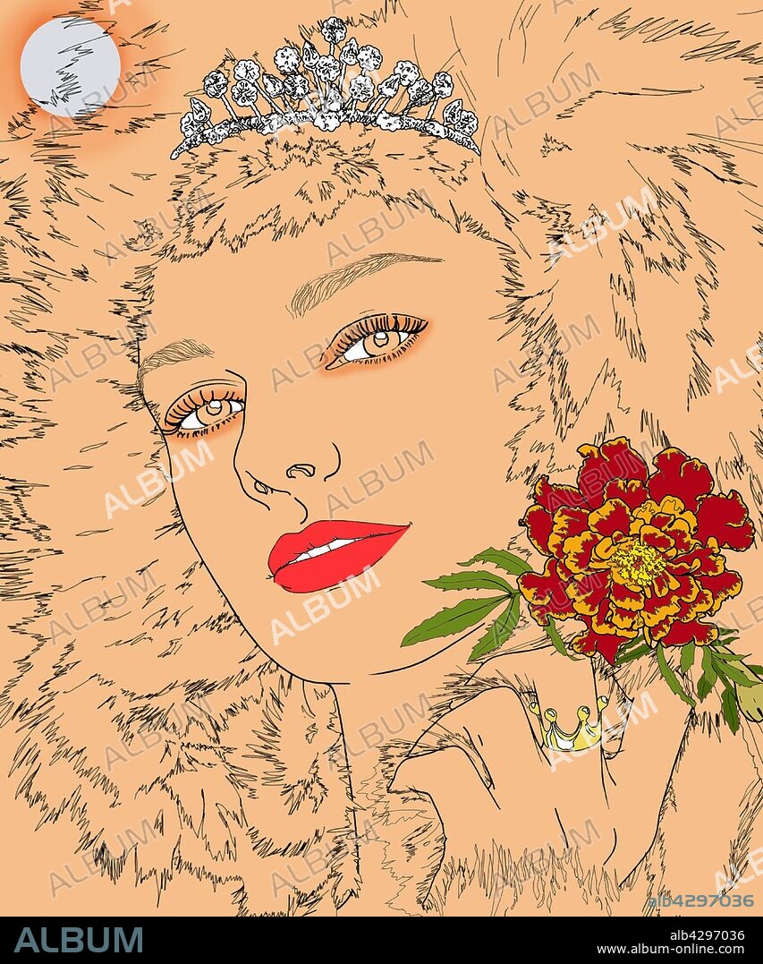Leo woman zodiac sign with tiara and fur mane hair.