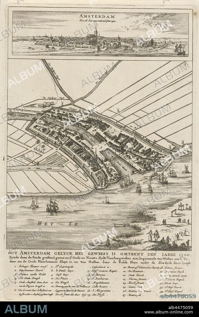 Floor plan of Amsterdam with cityscape, 1300 Out of Amsterdam it was around 1300 / Amsterdam Zoo as it was around Jaer 1300 (title on object), Above a view on Amsterdam, below a map in a bird's eye view. Both represent the city as it would have looked around 1300. Under the title and the legend 1-35, maps of cities, prospect of city, town panorama, silhouette of city, Amsterdam, Jan Luyken (attributed to), 1693 - 1694, paper, engraving, h 286 mm × w 185 mm.