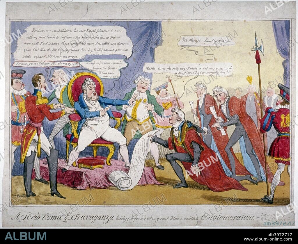 'A serio comic extravaganza...', 1820. George IV seems to be dismissing a petition from the Lord Mayor, John Thomas Thorp, introduced by Alderman Matthew Wood (?). The Duke of Wellington stands beside the King.