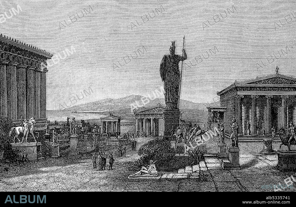 The Acropolis of Athens, Greece, after a mural in the Neues Museum Berlin, in 1885  /  Die Akropolis von Athen, Griechenland, nach einem Wandgemälde im Neuen Museum Berlin, im Jahre 1885, Historisch, historical, digital improved reproduction of an original from the 19th century / digitale Reproduktion einer Originalvorlage aus dem 19. Jahrhundert,.
