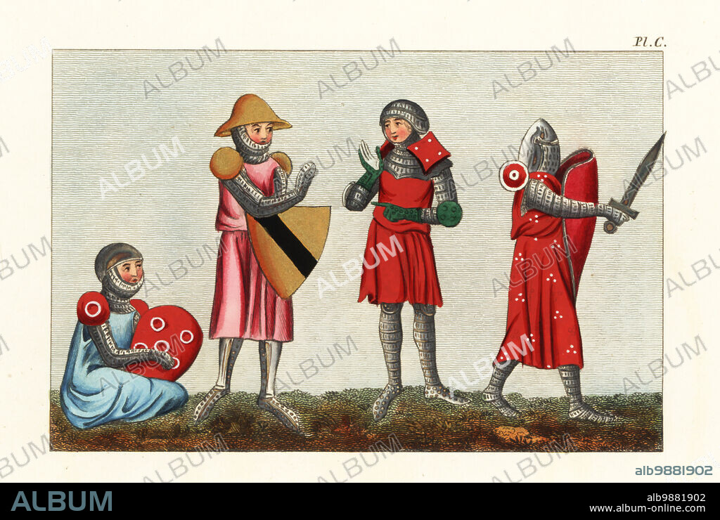 Military habits of the 14th century. Soldiers in chainmail hauberks and surcoats with shields and shoulder armor with coats of arms from f.153v, Scholastic Bible, Douce MS 211. Knight in chainmail hauberk and surcoat from Les Grandes chroniques de France, Royal MS 16 G vi, and knight with helmet, shield and sword in armorial surcoat from Chansons, Royal MS 20 D xi. Handcoloured engraving by Joseph Strutt from his Complete View of the Dress and Habits of the People of England, Henry Bohn, London, 1842.