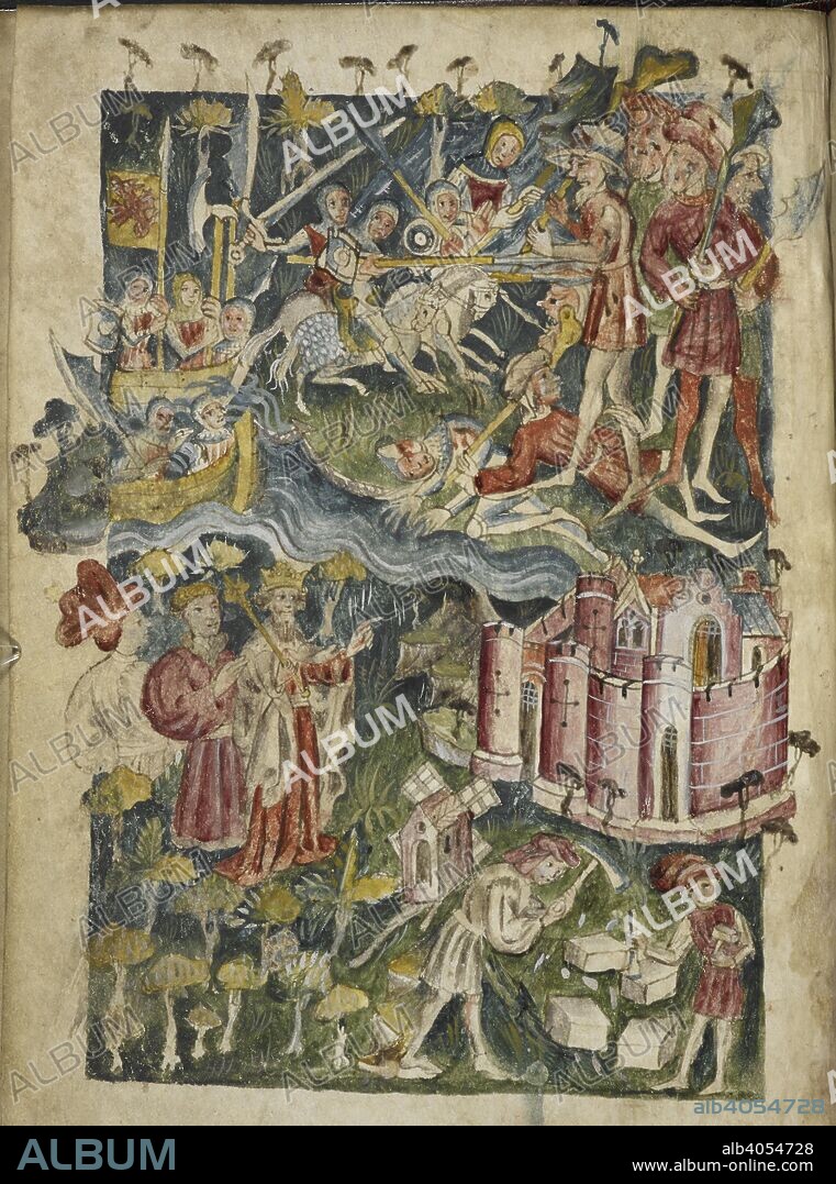 GEOFFREY OF MONMOUTH. The arrival of Brutus to England, the slaying of giants and the building of a city, possibly London. . Historical miscellany, including abridged versions of Monmouth's 'Historia Regum Britanniae' in verse. England, N. (York ?), 1st half of the 15th century. Source: Harley 1808 f.30v. Language: Latin.