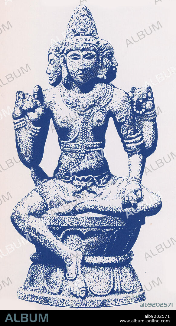Brahma is the Hindu god (deva) of creation and one of the Trimurti, the others being Vishnu and Shiva. According to the Brahma Purana, he is the father of Manu, and from Manu all human beings are descended. In the Ramayana and the Mahabharata, he is often referred to as the progenitor or great grandsire of all human beings. Brahma is traditionally depicted with four heads, four faces, and four arms. With each head, He continually recites one of the four Vedas. Unlike most other Hindu gods, Brahma holds no weapons. One of his hands holds a scepter. Another of his hands holds a bow. Brahma also holds a string of prayer beads which He uses to keep track of the Universe's time. He is also shown holding the Vedas.