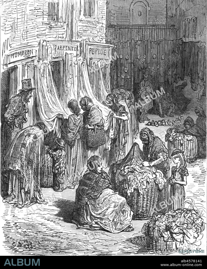 PAUL GUSTAVE DORÉ. 'Gloucester Street, New Cut-Old Clothes Mart', 1872. Women examine second hand clothing in Pimlico, London. From, "LONDON. A Pilgrimage" by Gustave Dore and Blanchard Jerrold. [Grant and Co., 72-78, Turnmill Street, E.C., 1872].