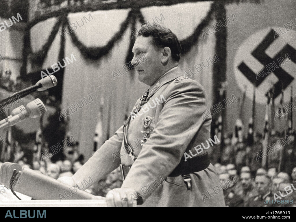 Hermann Goering in a meeting in the Sportpalast. The marshal of the Reich Hermann Goering at the microphone on the stage of the Sportpalast in Berlin. He is ready to make a speech. October 1942.