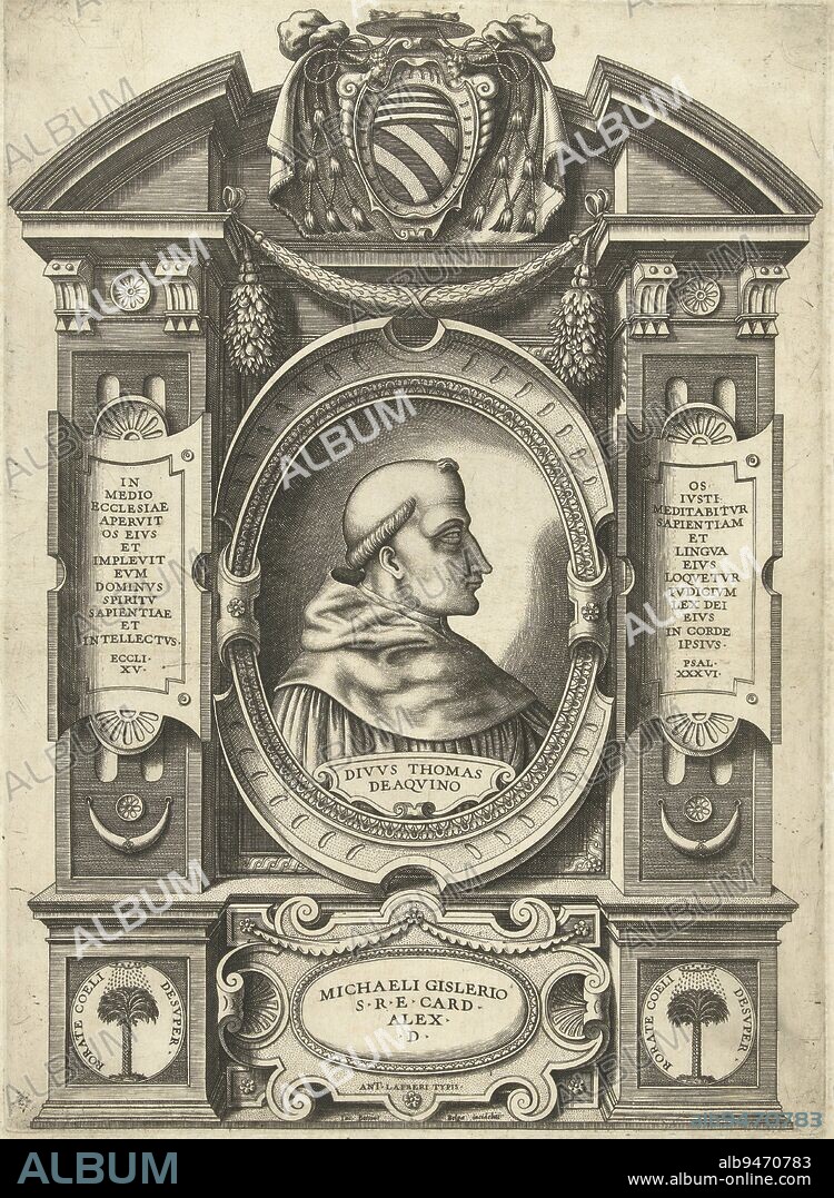 Portrait of Thomas Aquinas. Oval medallion with bust to right. The scholastic sage Thomas Aquinas is wearing a monk's habit. Two cartouches to left and right of portrait with Latin inscriptions. At top, a coat of arms. At bottom a cartouche with a dedication to Cardinal Michael Ghisleri., Thomas Aquinas, print maker: Jacob Bos, (mentioned on object), publisher: Antonio Lafreri, (mentioned on object), Antonio Michele Ghislieri, Rome, after c. 1557 - 1566, paper, engraving, h 332 mm × w 240 mm.