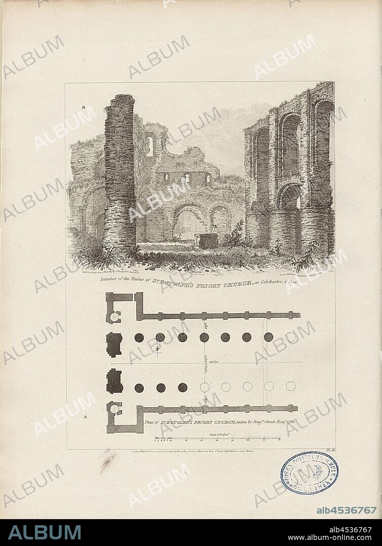 Interior of the Ruins of St. Botolph's Priory Church, at Colchester, Essex, Interior view and floor plan Ruins of St. Botolph's Priory Church, signed: Etch'd by John Smith from a Drawing by S. Prout, Fig. 5, Pl. III., Prout, S. (Drawing); Smith, John (Etching), 1807, John Britton: The architectural antiquities of Great Britain: represented and illustrated in a series of views, elevations, plans, sections and details of various ancient English edifices: with historical and descriptive accounts of each. Bd. 1. London: J. Taylor, 1807-1826.