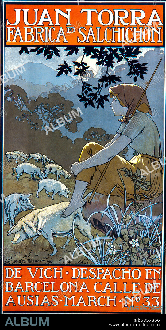 ALEXANDRE DE RIQUER. Cartel modernista. "Juan Torra. Fábrica de Salchichon de Vich. Despacho en Barcelona, calle Ausias March nº 33", 1892. Colección privada.