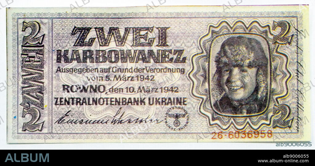 Ukrainian World war two: 2 Karbovanets (Banknote), introduced in June 1942. The banknotes were in dark colour, carrying nearly all inscriptions in German, and a warning in both German and Ukrainian stating 'falsification of banknotes is punished by imprisoning.