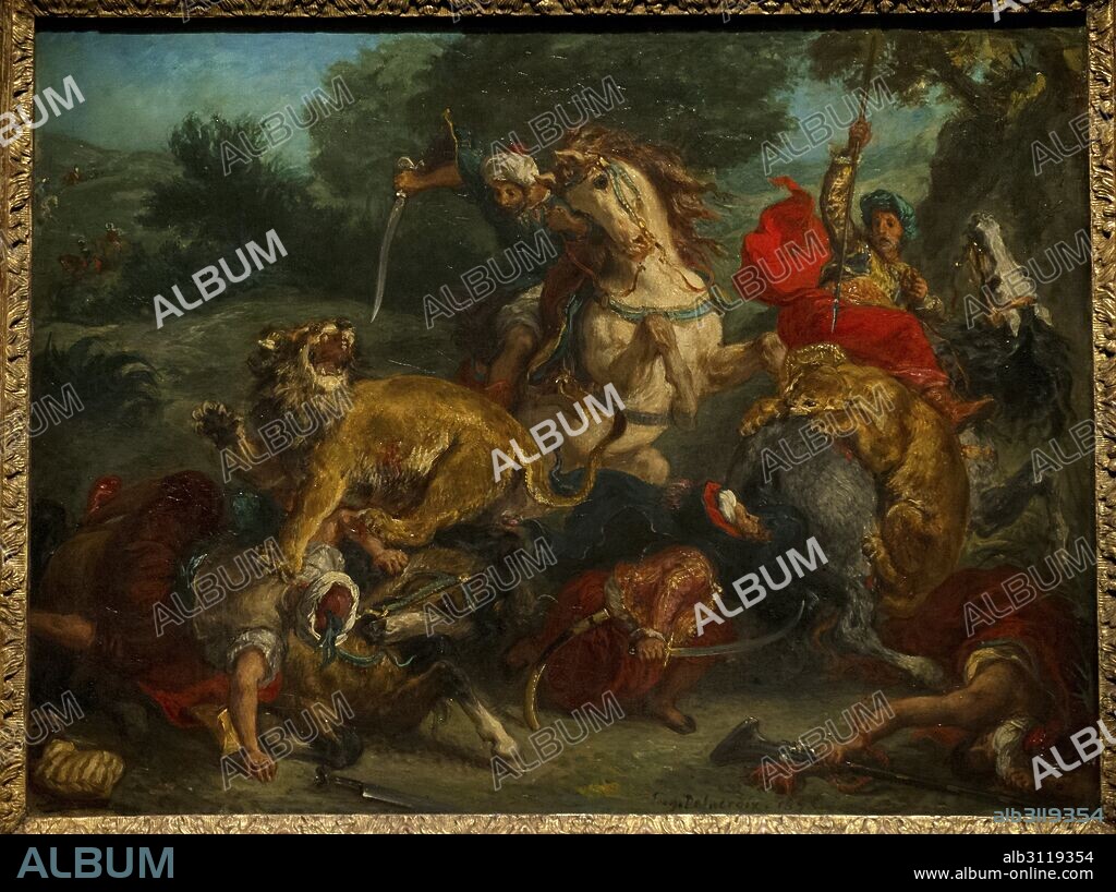 Eugène Delacroix (1798-1863). Pintor romántico francés. La caza del león, 1855 ó 1856. Museo Nacional (National Museum). Estocolmo. Suecia.