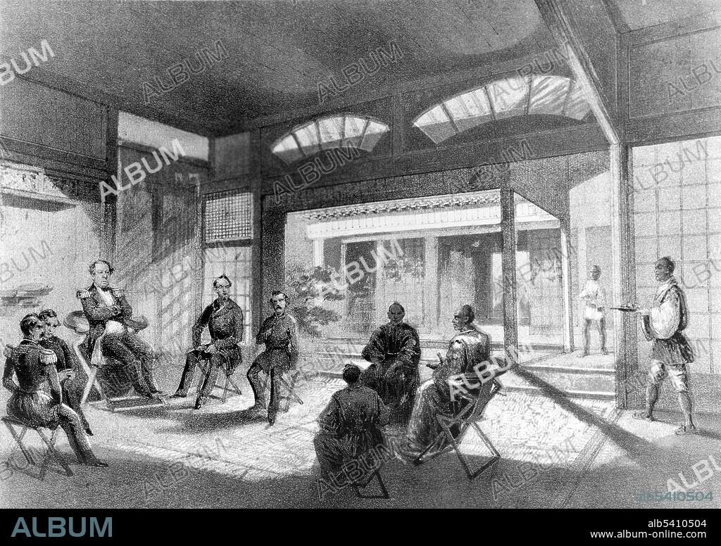 Conference room at Hakodadi, Japan, where on May 18, 1854 the flag lieutenants of Commodore Matthew C. Perry, USN, met in conference with the governor of Hakodadi and succeeded in getting permission for the Americans to land and purchase necessities as well as to reside ashore. Matthew Calbraith Perry (April 10, 1794 - March 4, 1858) was a Commodore of the US Navy who commanded ships in several wars, including the War of 1812 and the Mexican-American War (1846-48). He played a leading role in the opening of Japan to the West with the Convention of Kanagawa in 1854. Lithograph by Sarony & Company (cropped and cleaned).