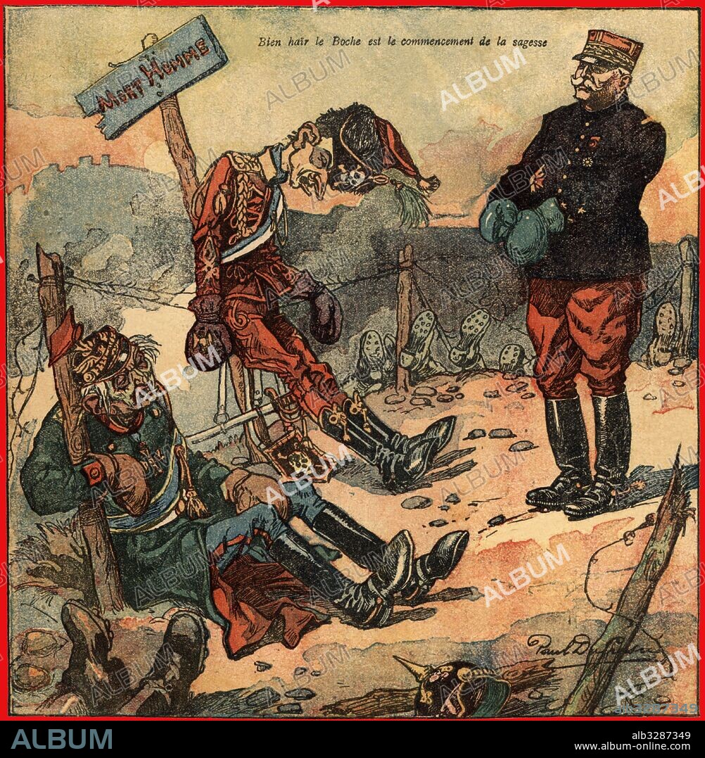 Primera guerra mundial (1914-1918). Batalla del Marne, Francia. El Mariscal Joseph Joffre (1852-1931) ante unos prisioneros alemanes. Caricatura. Año 1914.