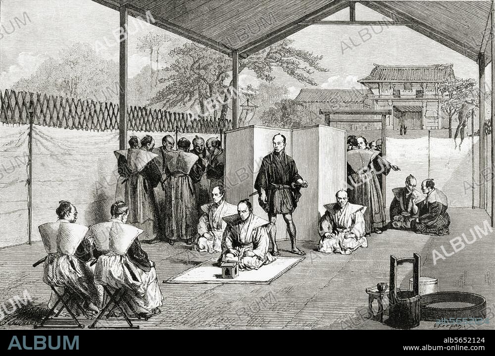 L. CREPON. Ethnology / Japan:. "Hara-Kiri; condemnation of a nobleman to suicide". Engr. copy, 1889, aft. wood engr., 1867, drawn by Crepon after Japanese models. Fr.: A.Frhr. v. Hübner, Ein Spaziergang um die Welt, Leipzig (Schmidt & Günther). 1889. Berlin, Sammlung Archiv für Kunst und Geschichte.