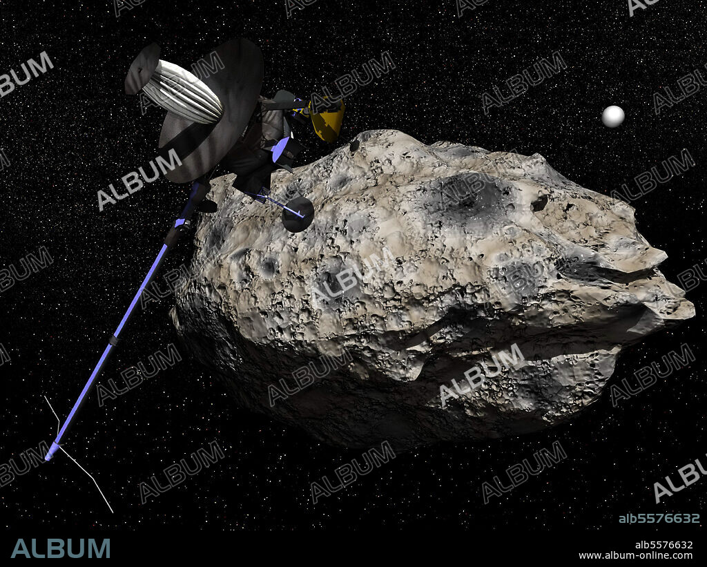Galileo spacecraft discovering the first asteroid moon, Dactyl, orbiting the asteroid 243 Ida in the universe. It was the first time a moon was discovered orbiting an asteroid.