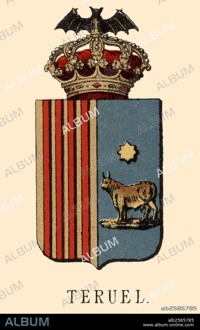 España. Heráldica. Escudo de armas de la provincia de Teruel. Grabado de 1878.