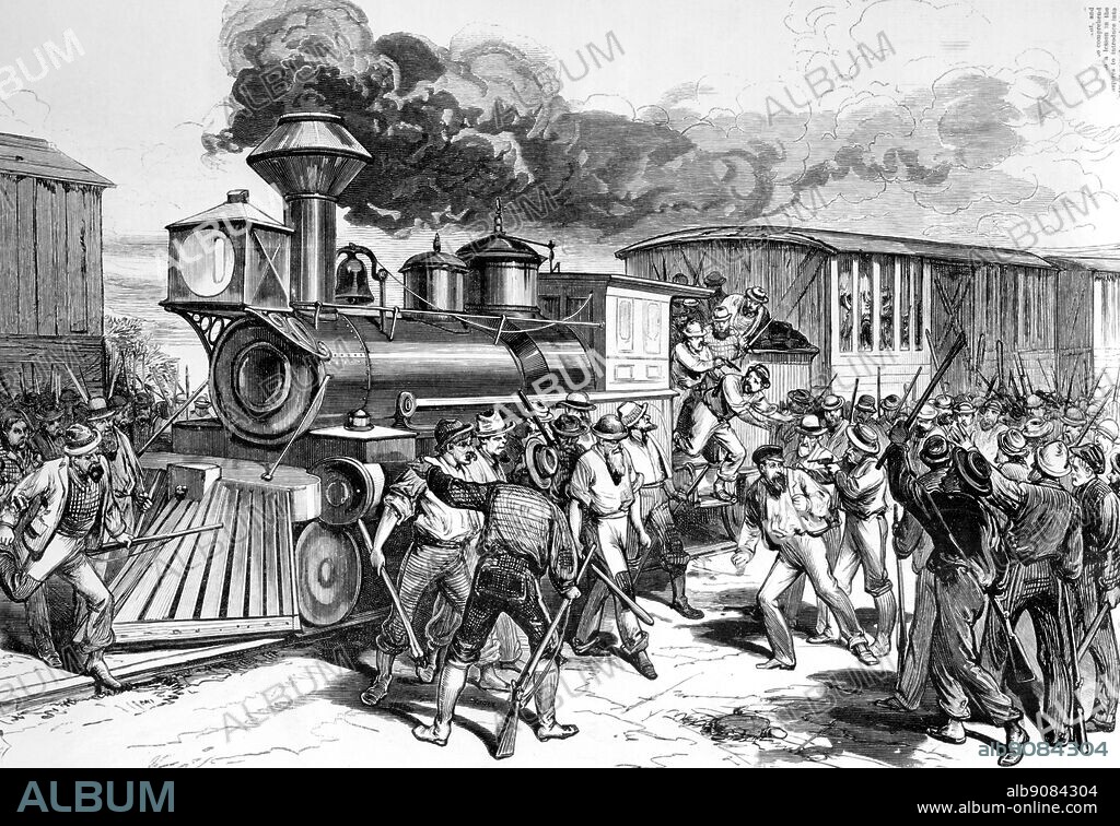 West Virginia - The Baltimore and Ohio railroad strike - the disaffected workmen dragging firemen and engineers from a Baltimore freight train at Martinsburg, July 17th - A violent incident on the tracks - c.1870.