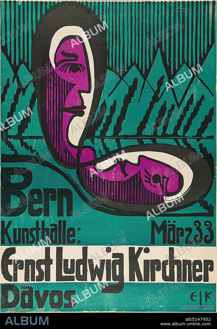 Ernst Ludwig Kirchner, Kunsthalle Bern: Ernst Ludwig Kirchner - Davos, paper, linocut, total: height: 100 cm; width: 70 cm, monogrammed: recto u. r. im Druck: ELK, in lead: Cohn, 1948, exhibition posters, artist posters, art exhibition, head, face, green, expressionism.