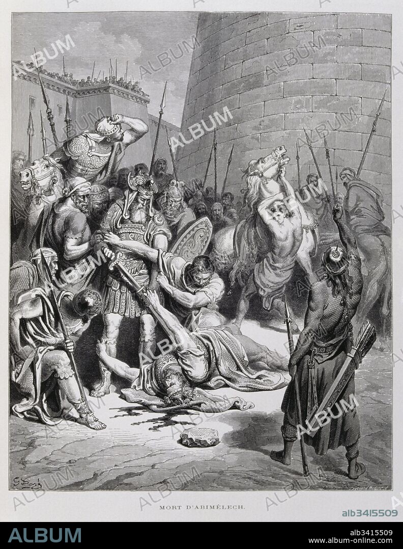 1866 engraving by  Gustave Doré (1832-1883); The Death of Abimelech, a son of Gideon. According to the Bible, he was an unprincipled, ambitious ruler. he was struck on the head by a mill-stone thrown by a woman during a siege. Realizing that the wound was mortal, he ordered his armor-bearer to thrust him through with his sword, so that it might not be said he had perished by the hand of a woman.