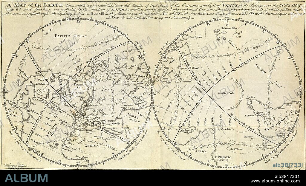 A map of the Earth, marking the transit of Venus on June 6th, 1761. "Astronomy explained upon Sir Isaac Newton's principles and made easy to those who have not studied mathematics. To which are added, a plain method of finding the distances of all the planets from the sun, by the transit of Venus over the sun's disc, in the year 1761."  Published in 1770.  Transits of Venus across the disk of the Sun are among the rarest of planetary alignments. Only eight such events have occurred since the invention of the telescope. A transit of Venus across the Sun takes place when the planet Venus passes directly between the Sun and Earth (or another planet), becoming visible against the solar disk. During a transit, Venus can be seen from Earth as a small black disk moving across the face of the Sun. Venus transits are historically of great scientific importance as they were used to gain the first realistic estimates of the size of the Solar System.