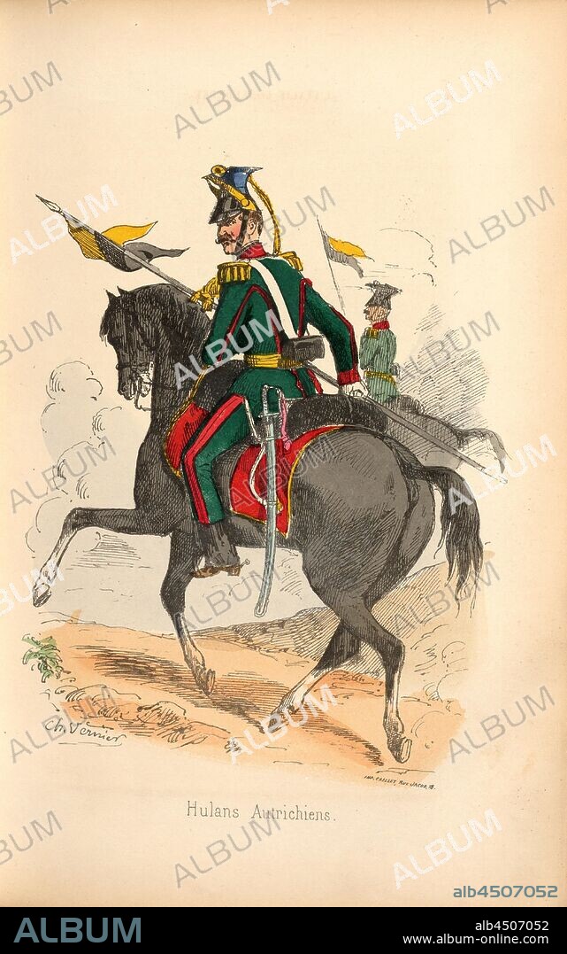 Austrian Hulans, Uhlans or cavalryman, signed: Ch. Vernier, Fig. 3, Part 1, after p. 70, Vernier, Ch. (dess.), Amédée de Cesena: Campagne de Piémont et de Lombardie en 1859. Paris: Garnier frères, 1860.