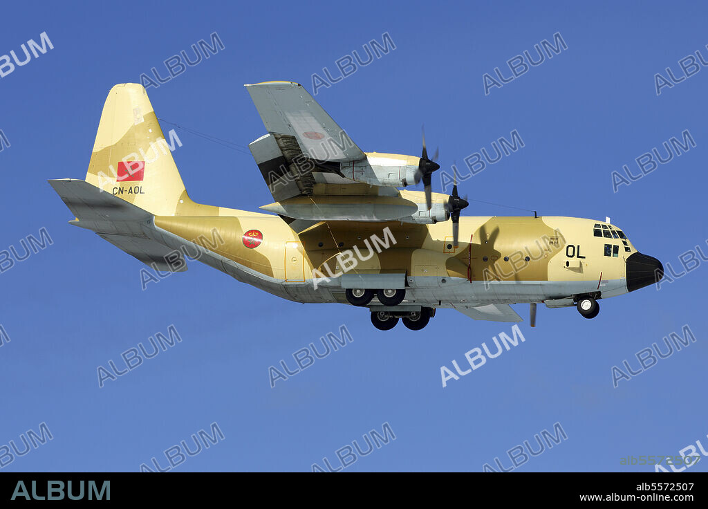 A C-130H Hercules military transport airplane of the Royal Moroccan Air Force prepares for landing, Russia.