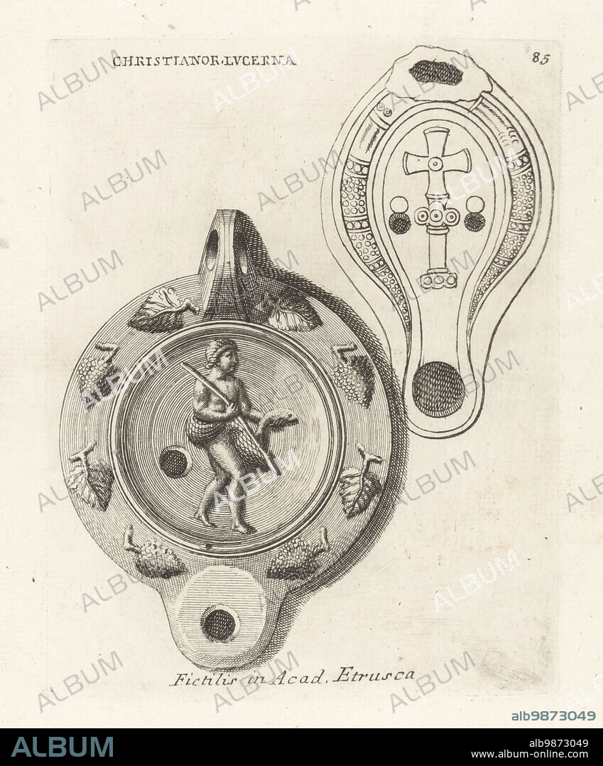 Etruscan Christian clay lantern decorated with a Pisciculorum. The fisherman holds a fish and net, within a circle of vine leaves and grapes. Christianor Lucerna Fictilis in Acad. Etrusca. Copperplate engraving from Francesco Valesio, Antonio Gori and Ridolfino Venutis Academia Etrusca, Museum Cortonense in quo Vetera Monumenta, (Etruscan Academy or Museum of Cortona), Faustus Amideus, Rome, 1750.