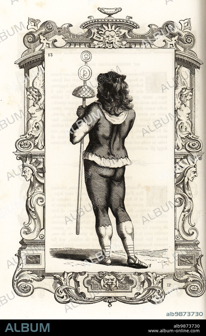 Costume of a Roman standard bearer. He wears a lions mane headdress, short tunic, short trousers or sagulum gregale, boots. Signifer or signum-bearer, aquilifer or eagle-bearer, imaginifer or imago-bearer. Within a decorative frame engraved by H. Catenacci and Fellmann. Woodblock engraving by Gerard Seguin and E.F. Huyot after a woodcut by Christoph Krieger from Cesare Vecellios 16th century Costumes anciens et modernes, Habiti antichi et moderni di tutto il mondo, Firman Didot Ferris Fils, Paris, 1859-1860.