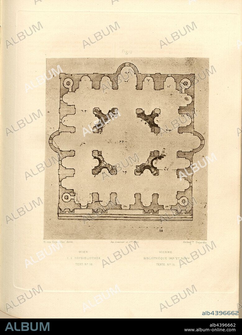 Vienna K. K. Hofbibliothek, Floor plan of the K. K. Hofbibliothek Vienna, Fig. 17, after p. 152, Heinrich von Geymüller: Die ursprünglichen Entwürfe für Sanct Peter in Rom von Bramante, Raphael Santi, Fra Giocondo, den Sangallo's u.a.m: nebst zahlreichen Ergänzungen und einem Texte. Wien: Lehmann und Wentzel; Paris: Verlag von J. Baudry, MDCCCLXXV [1875].